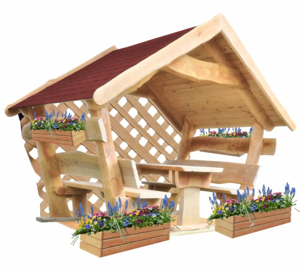 Rustikale Gartenlaube aus Massivholz mit Gitterwand, Holzboden und Blumenkasten